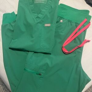 Green Scrub Set with Pink Drawstrings